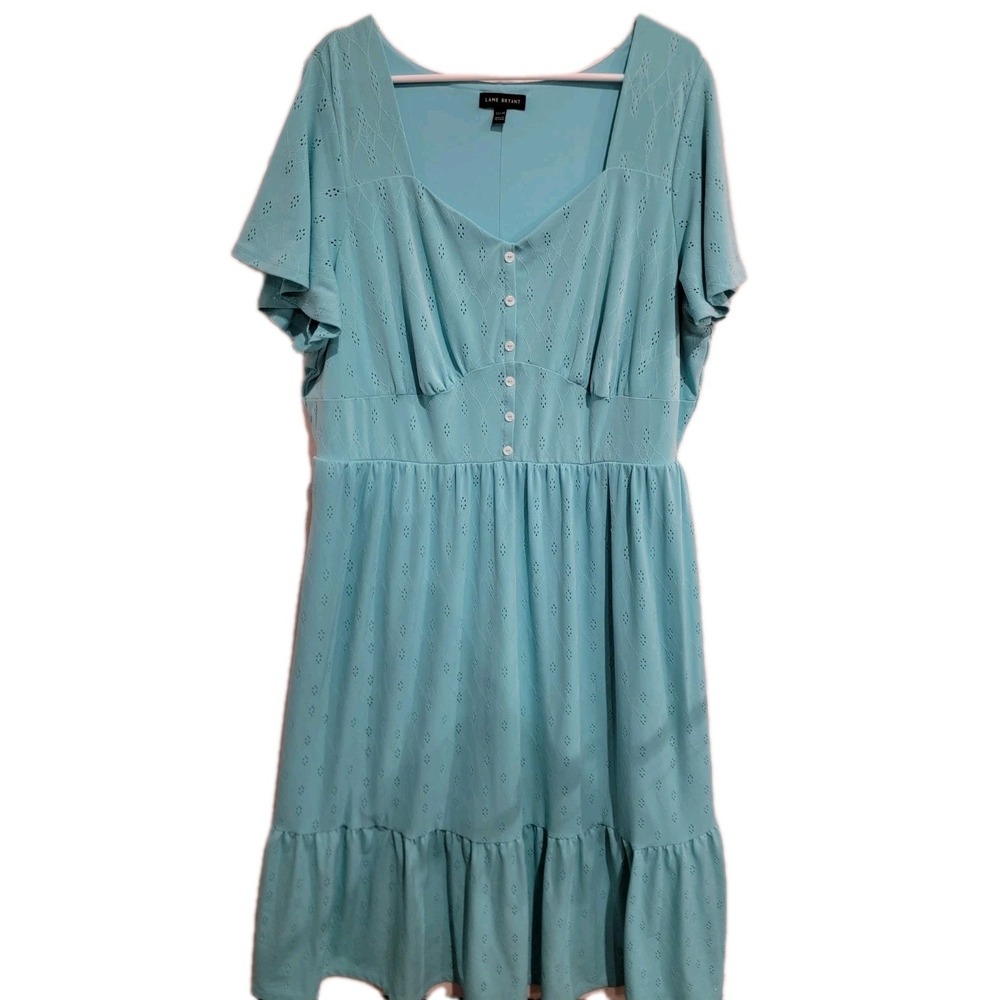 Lane Bryant Dress 22/24 Blue Eyelet Knit Ruffle Hem Maxi‎ Short Sleeve Pockets